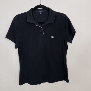 Burberry London Womens Large L Black Cotton Short Sleeve Polo Nova Check Trim